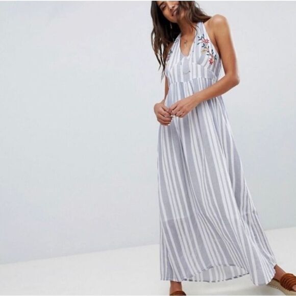 RAGA STRIPED MAXI HALTER EMBROIDERED DRESS SMALL - Picture 1 of 7